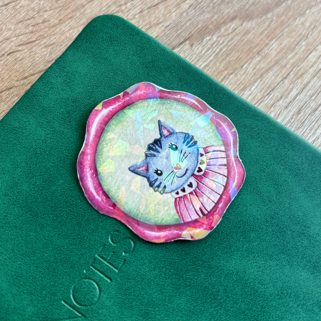 sticker représentant un portrait de chat sur papier cristal holographique