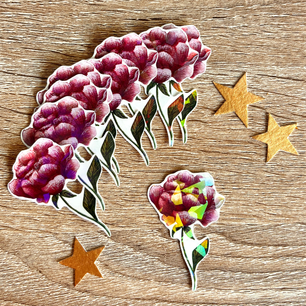 sticker représentant une pivoine rose holographique 